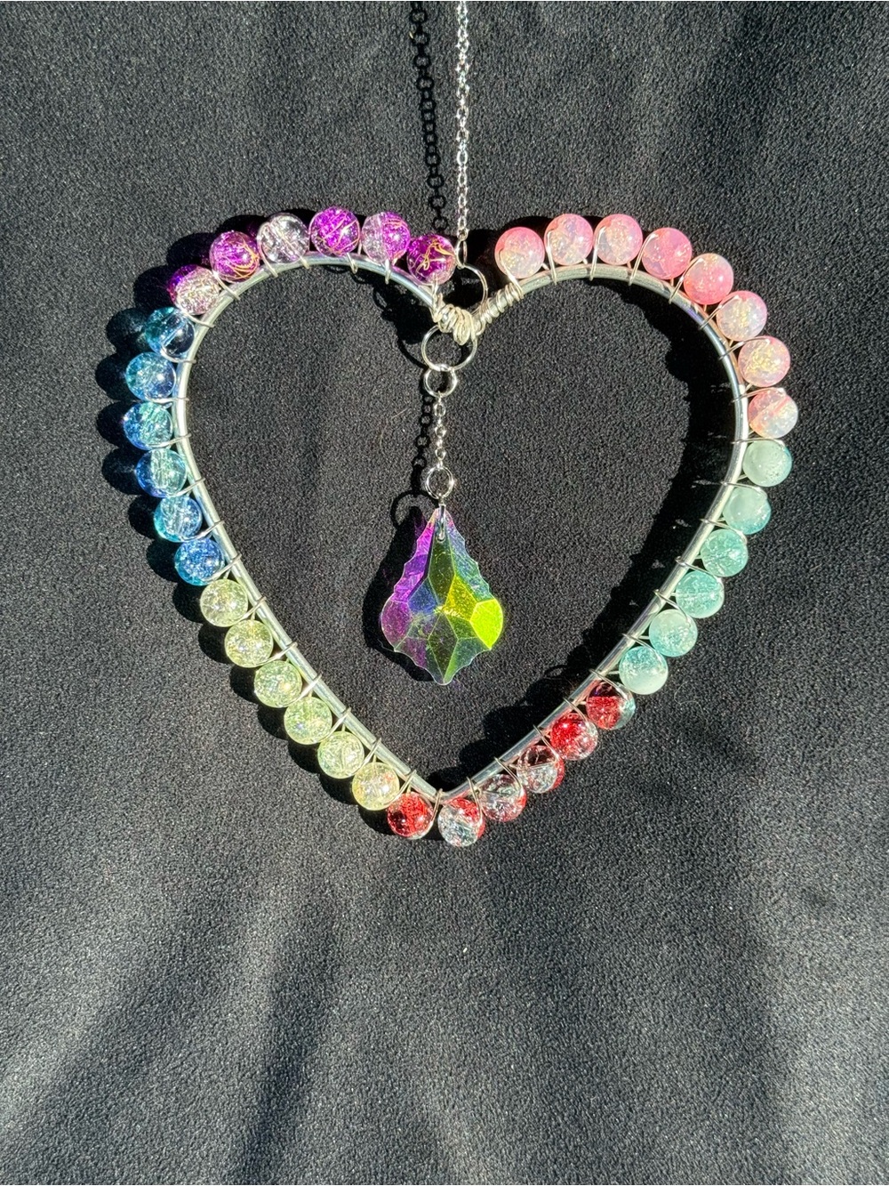 Multicolored Ice Crackle Beaded Heart Crystal Pendant Sun Catcher